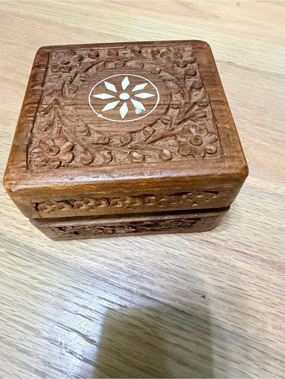 Vintage Carved Wooden Trinket Box with White Inlay